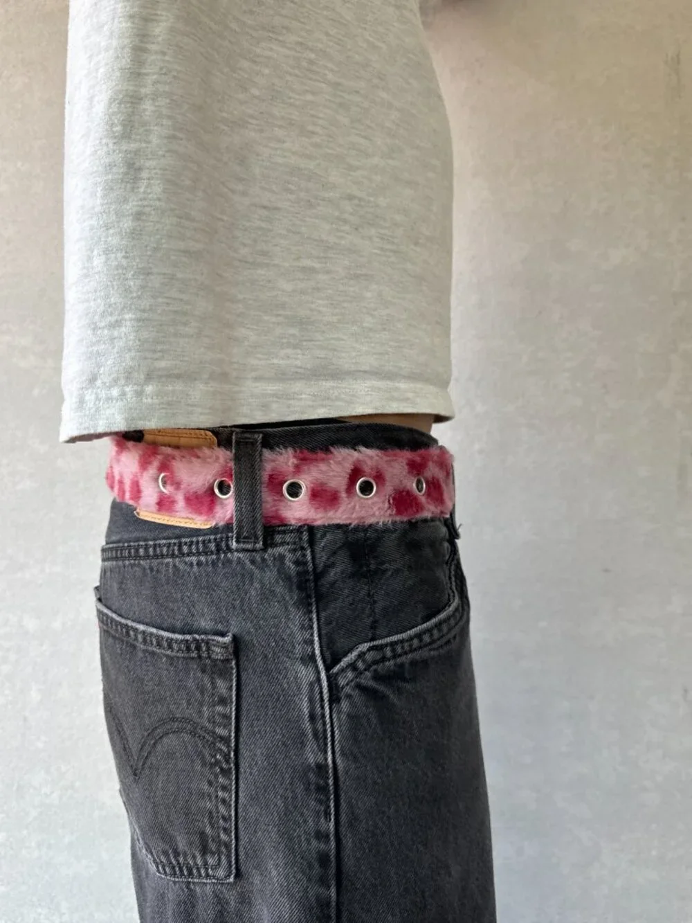Pink Leopard Plush Faux Fur Belt Silver Eyelets